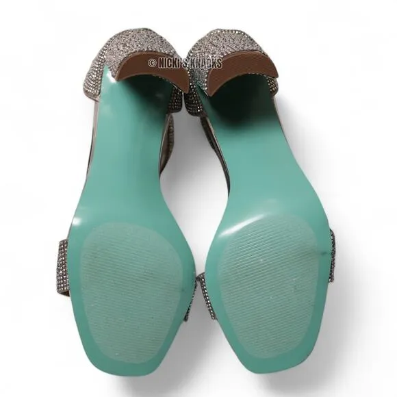 Betsey Johnson Rina Silver Rhinestone Crystal Ankle Strap Heels Size 9