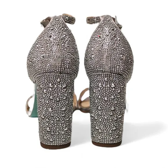 Betsey Johnson Rina Silver Rhinestone Crystal Ankle Strap Heels Size 9