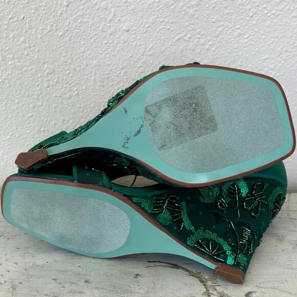 Betsy Johnson Ivan ankle strap wedge beaded embroidered emerald green fairy 6.5​