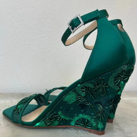 Betsy Johnson Ivan ankle strap wedge beaded embroidered emerald green fairy 6.5​