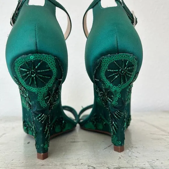 Betsy Johnson Ivan ankle strap wedge beaded embroidered emerald green fairy 6.5​