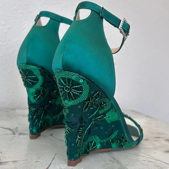 Betsy Johnson Ivan ankle strap wedge beaded embroidered emerald green fairy 6.5​