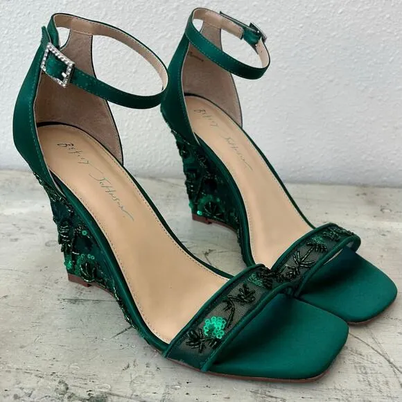 Betsy Johnson Ivan ankle strap wedge beaded embroidered emerald green fairy 6.5​