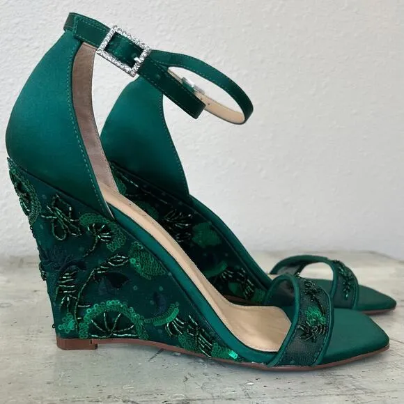 Betsy Johnson Ivan ankle strap wedge beaded embroidered emerald green fairy 6.5​