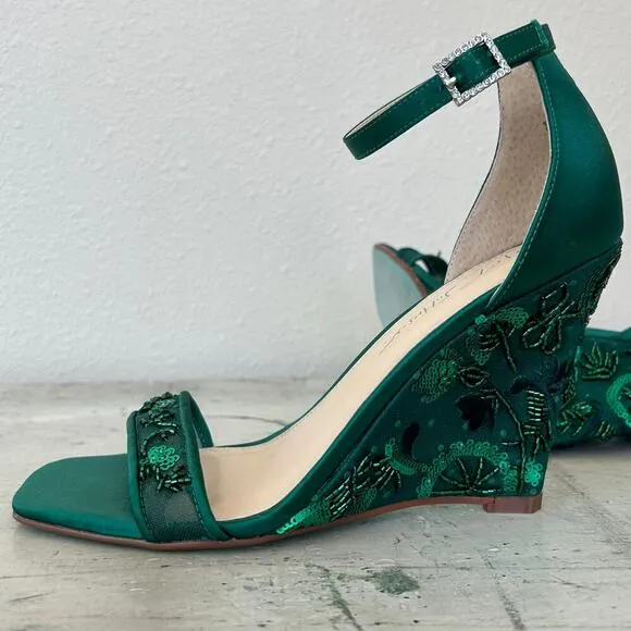 Betsy Johnson Ivan ankle strap wedge beaded embroidered emerald green fairy 6.5​
