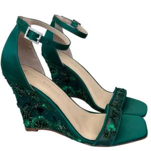 Betsy Johnson Ivan ankle strap wedge beaded embroidered emerald green fairy 6.5​