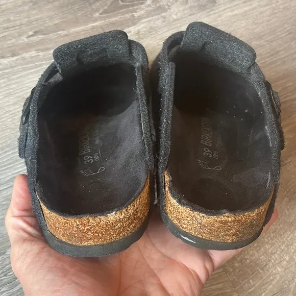 Birkenstock Boston Clogs Mules Black Gray Wool Felt Womens 8 EU 39