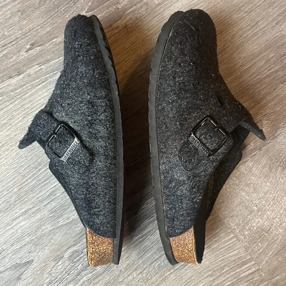 Birkenstock Boston Clogs Mules Black Gray Wool Felt Womens 8 EU 39