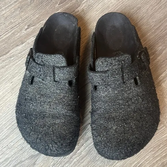 Birkenstock Boston Clogs Mules Black Gray Wool Felt Womens 8 EU 39