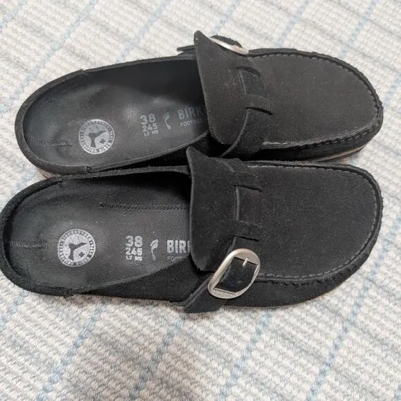 Birkenstock Buckley Suede Leather Size 38 In Black Suede Slip On Clogs Buckle