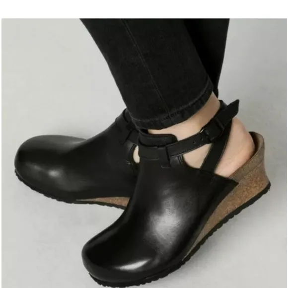 Birkenstock Papillio Esra Black Leather Ankle Strap Clog Wedge Sandal
