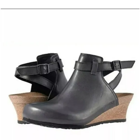 Birkenstock Papillio Esra Black Leather Ankle Strap Clog Wedge Sandal