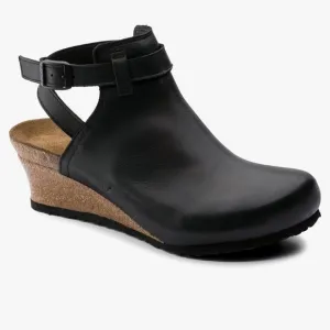 Birkenstock Papillio Esra Black Leather Ankle Strap Clog Wedge Sandal