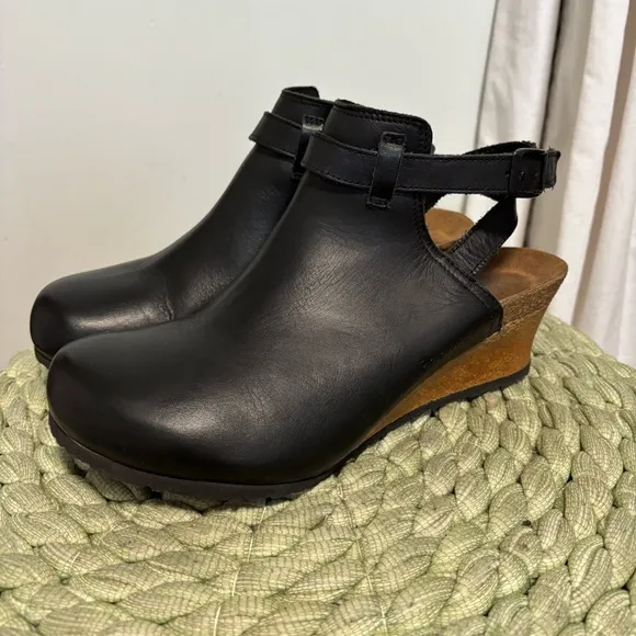 Birkenstock Papillio Esra Black Leather Ankle Strap Clog Wedge Sandal