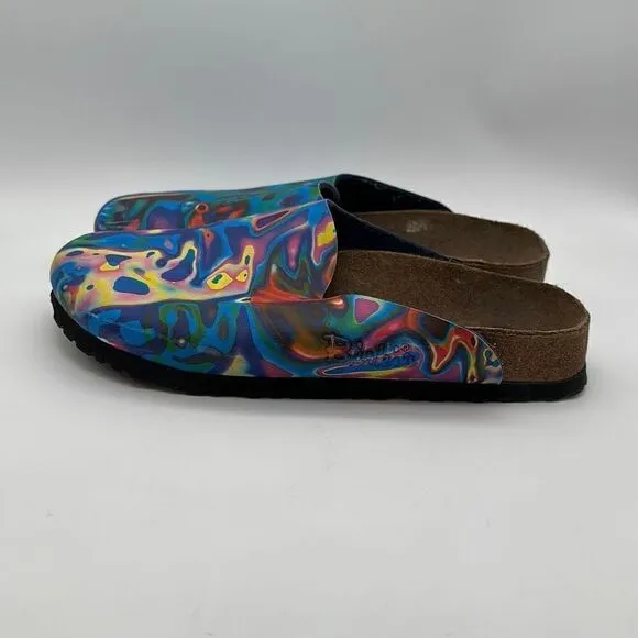 Birkis Birkenstock psychedelic blue red yellow watercolor tie dye clogs L7 M5 38