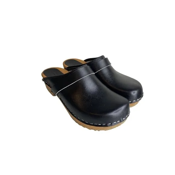Bjork Black Leather Swedish Comfort Clogs With Wooden Soles 8