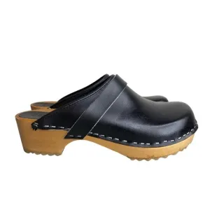 Bjork Black Leather Swedish Comfort Clogs With Wooden Soles 8