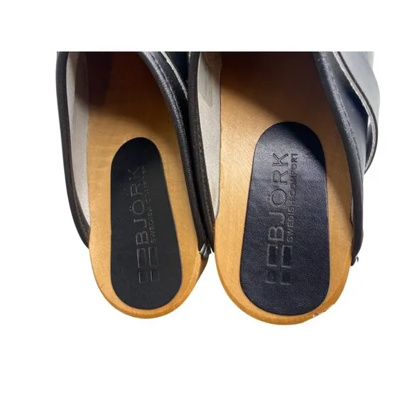 Bjork Black Leather Swedish Comfort Clogs With Wooden Soles 8