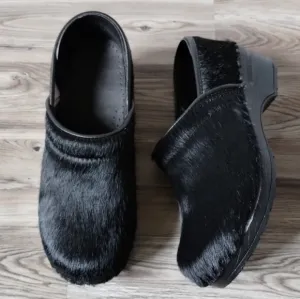 Bjork Professional Black Fur Leather Clogs Size EU 36, US 5.5-6