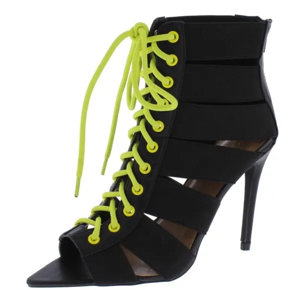 Black and Neón Open Toe Lace Up Booties
