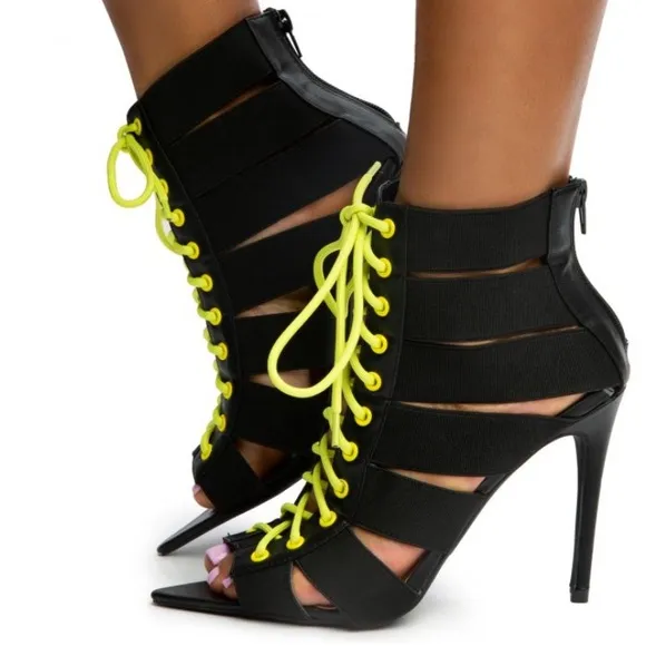 Black and Neón Open Toe Lace Up Booties