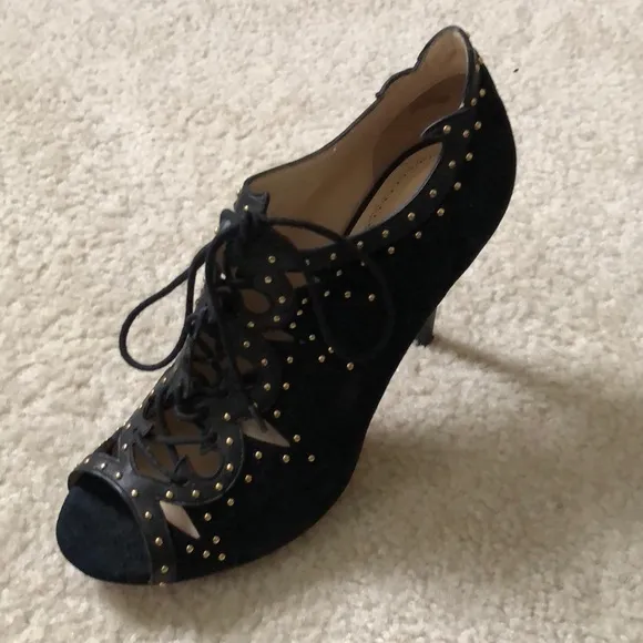 Black Leather Suede Studded Lace Up Open Toe Heels