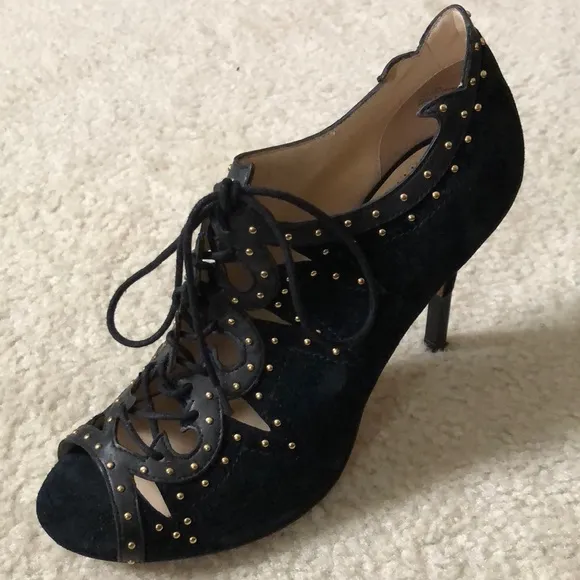 Black Leather Suede Studded Lace Up Open Toe Heels