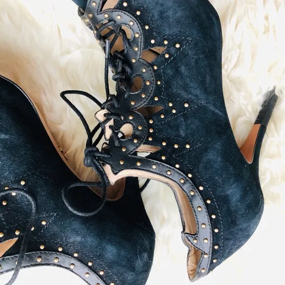 Black Leather Suede Studded Lace Up Open Toe Heels