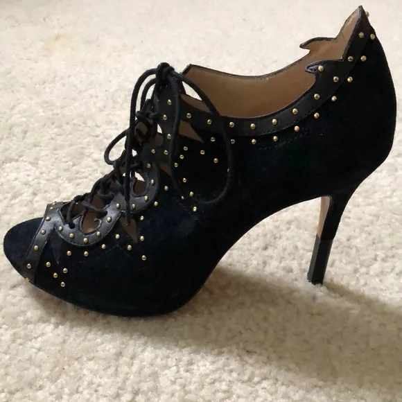 Black Leather Suede Studded Lace Up Open Toe Heels