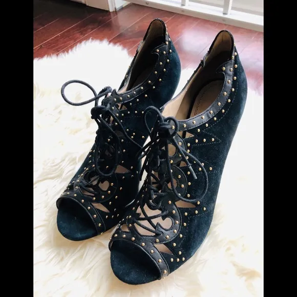 Black Leather Suede Studded Lace Up Open Toe Heels