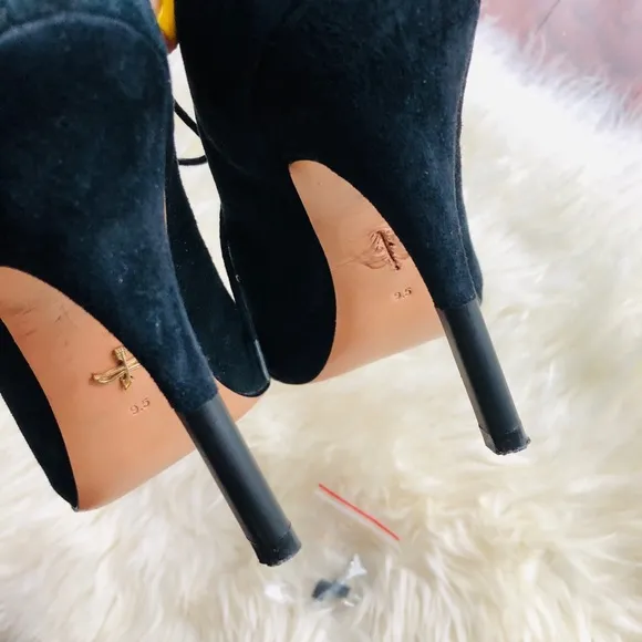 Black Leather Suede Studded Lace Up Open Toe Heels