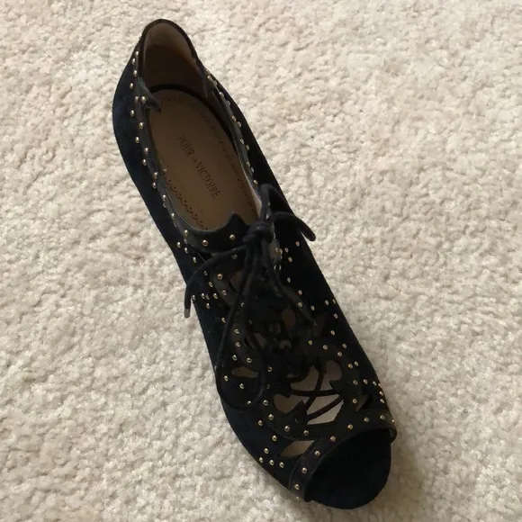 Black Leather Suede Studded Lace Up Open Toe Heels