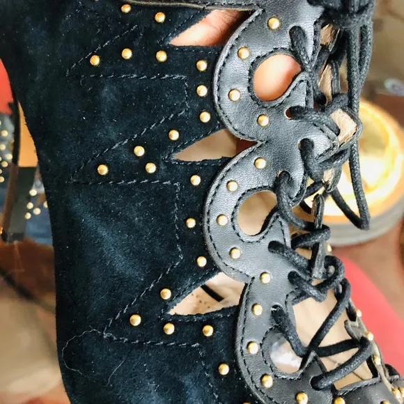 Black Leather Suede Studded Lace Up Open Toe Heels