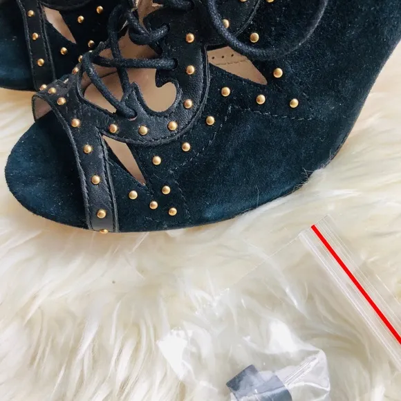 Black Leather Suede Studded Lace Up Open Toe Heels