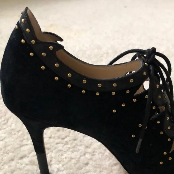Black Leather Suede Studded Lace Up Open Toe Heels