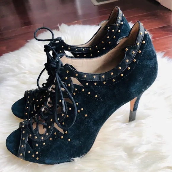 Black Leather Suede Studded Lace Up Open Toe Heels
