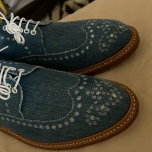 Blue denim Oxfords, Wing Tip lace front.  Leather soles.