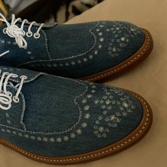 Blue denim Oxfords, Wing Tip lace front.  Leather soles.