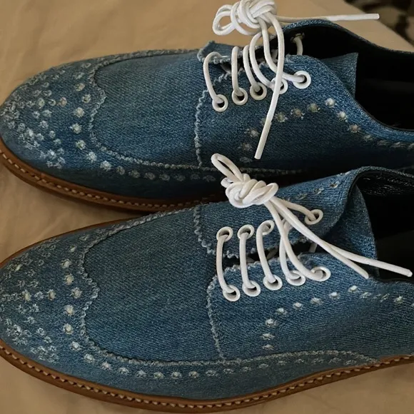 Blue denim Oxfords, Wing Tip lace front.  Leather soles.