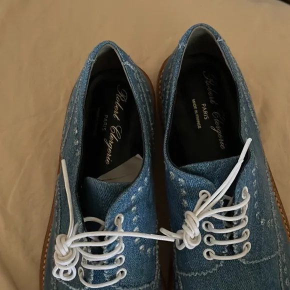Blue denim Oxfords, Wing Tip lace front.  Leather soles.