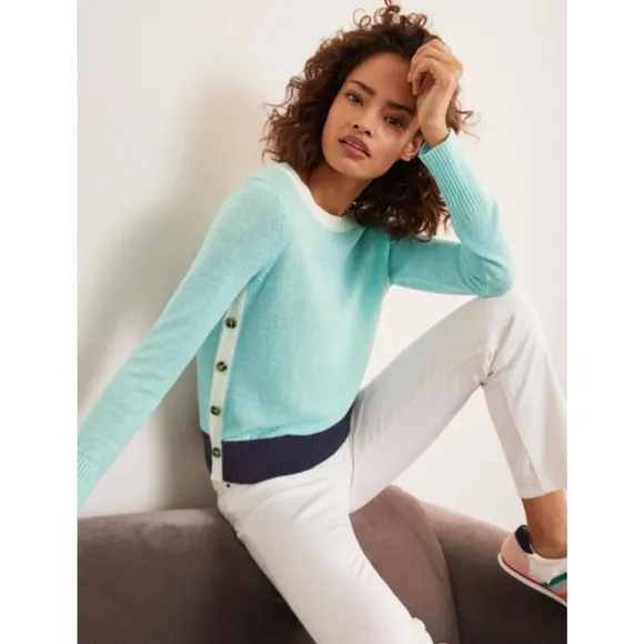 BODEN 10 US Norfolk Linen Jumper Crew Neck Decortative Buttons Light Blue