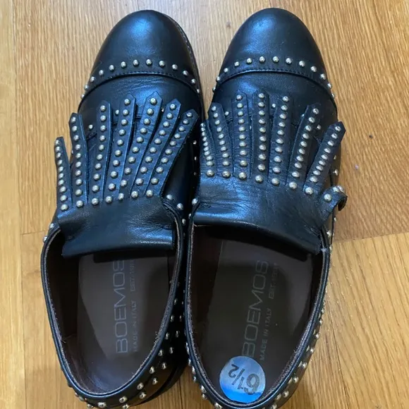Boemos Black Silver Leather Studs Kiltie Oxfords