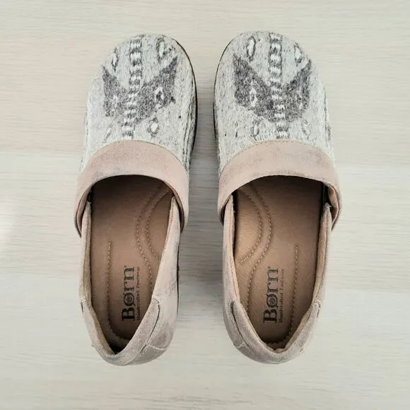 Born Bailie Clog Taupe Birch Wool Distressed Suede Southwest Blanket Slip On 7.5