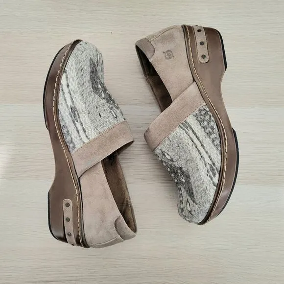 Born Bailie Clog Taupe Birch Wool Distressed Suede Southwest Blanket Slip On 7.5