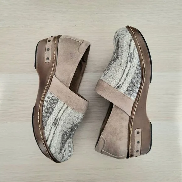 Born Bailie Clog Taupe Birch Wool Distressed Suede Southwest Blanket Slip On 7.5