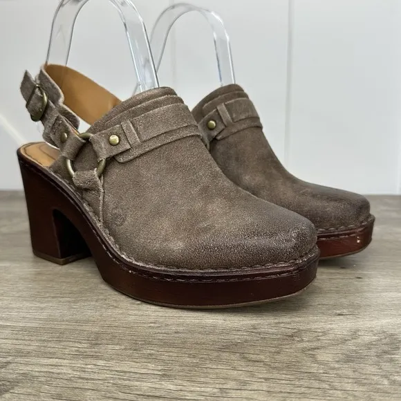 Born Hudson Slingback Clogs Taupe Leather Women's Size 7 Harness Square Toe