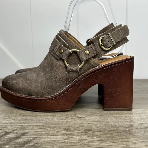 Born Hudson Slingback Clogs Taupe Leather Women's Size 7 Harness Square Toe