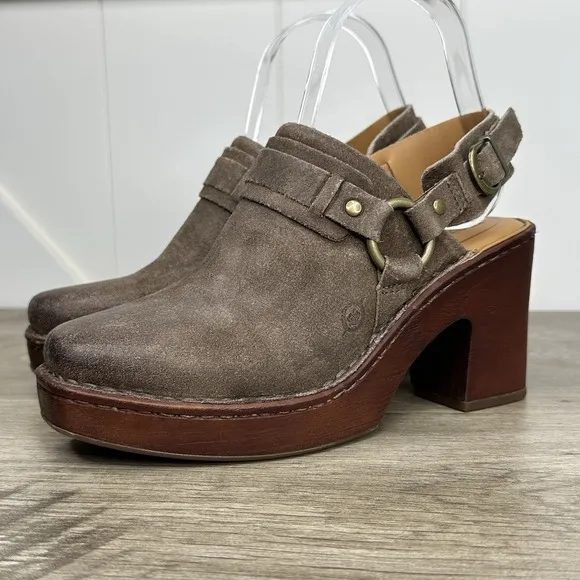 Born Hudson Slingback Clogs Taupe Leather Women's Size 7 Harness Square Toe