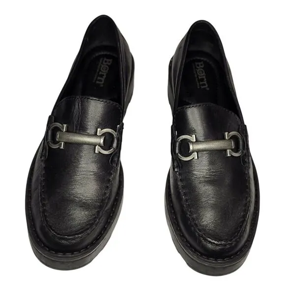 BORN Women's‎ Horsebit Y2K Chunky Goth/Punk Lug Sole Black Leather Loafer Sz 6.5