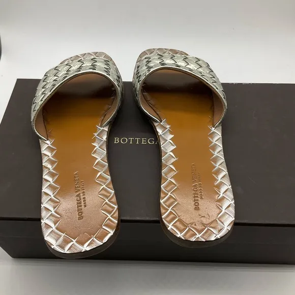 Bottega Veneta Metallic Silver Intrecciato Leather Flat Slides